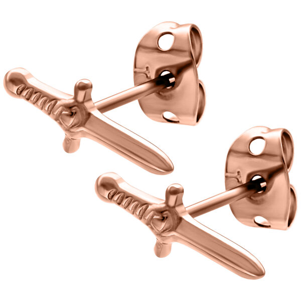 Pendientes de Espada en Oro Rosa sobre fondo blanco, alto brillo
