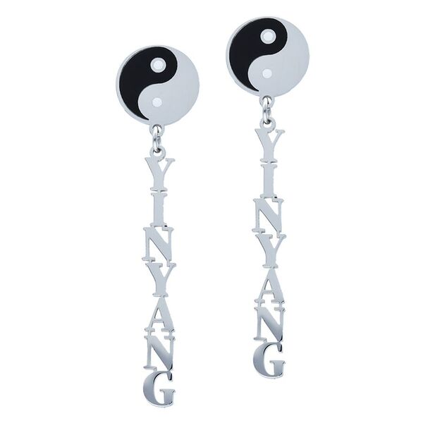 Pendientes Yin Yang de plata, placa redonda con diseño Yin Yang en negro y blanco, texto colgante