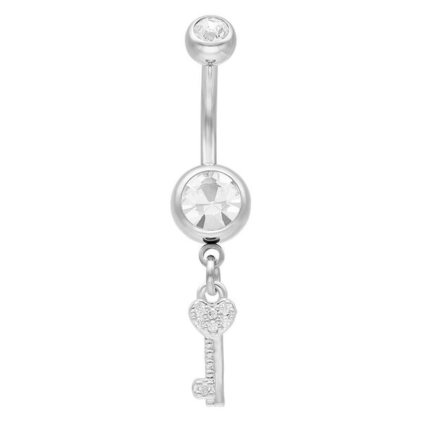 Silbernes Bauchnabelpiercing mit Schlüsselanhänger und Zirkonia auf weißem Hintergrund