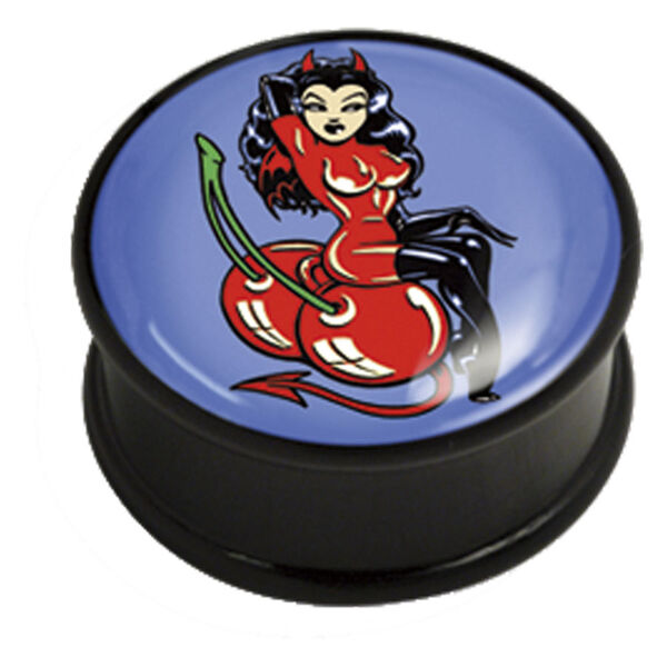 Schwarzer Plug mit Devilette-Design auf blauem Hintergrund