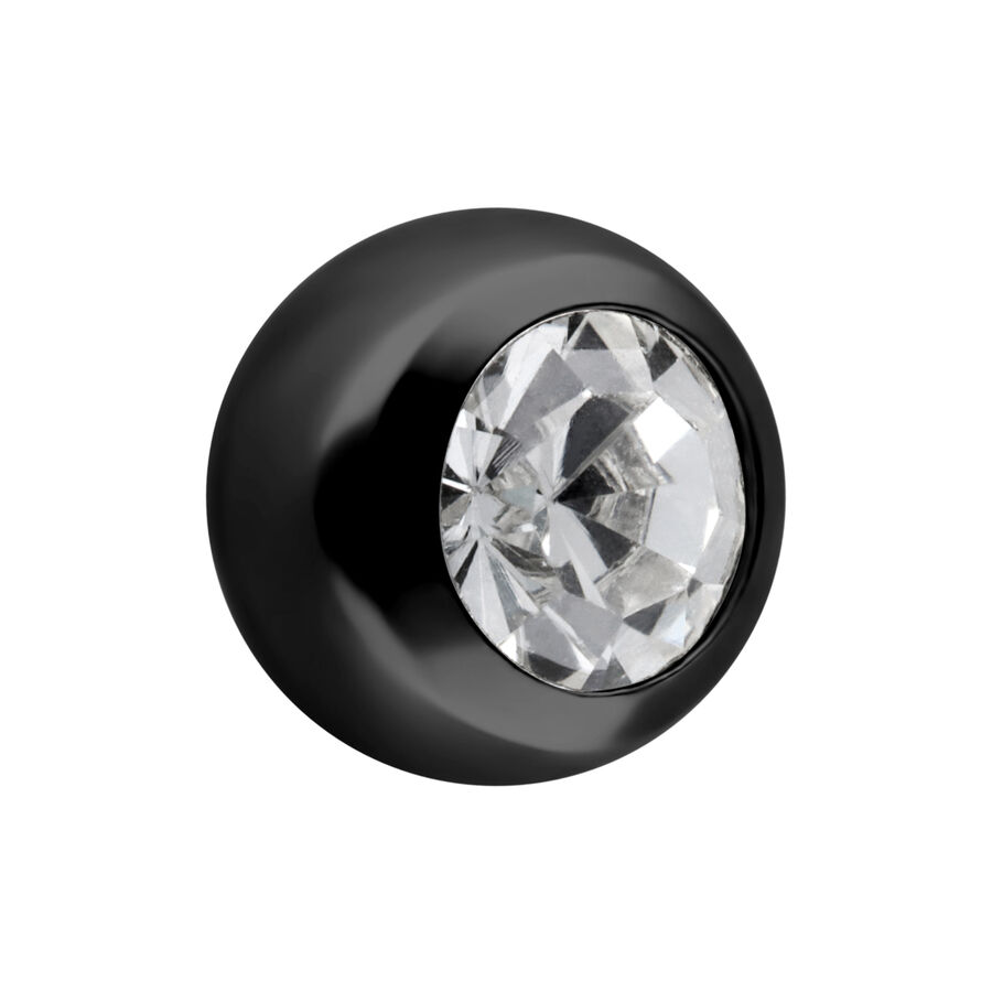 Accessorio sferico nero per piercing con cristallo chiaro su sfondo bianco