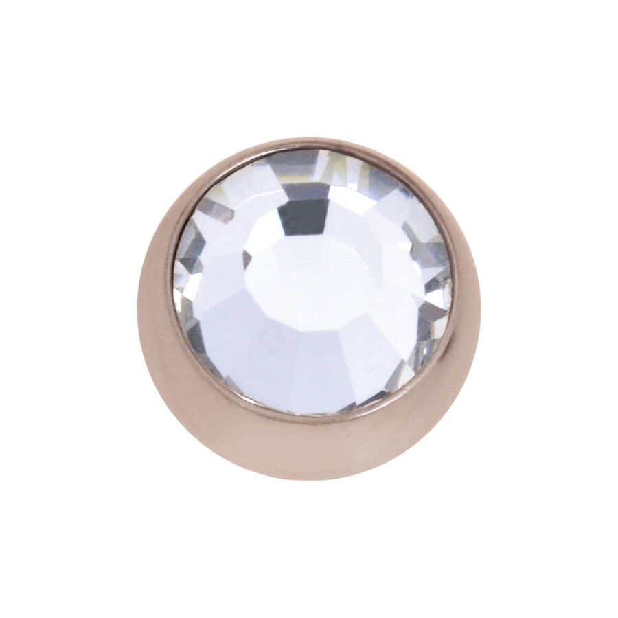 Attacco per piercing rotondo in acciaio chirurgico oro rosa con cristallo chiaro su sfondo bianco