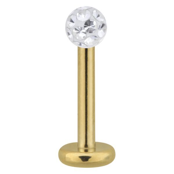 Labret de titan dorado con cristales claros y bola de 3 mm sobre fondo blanco