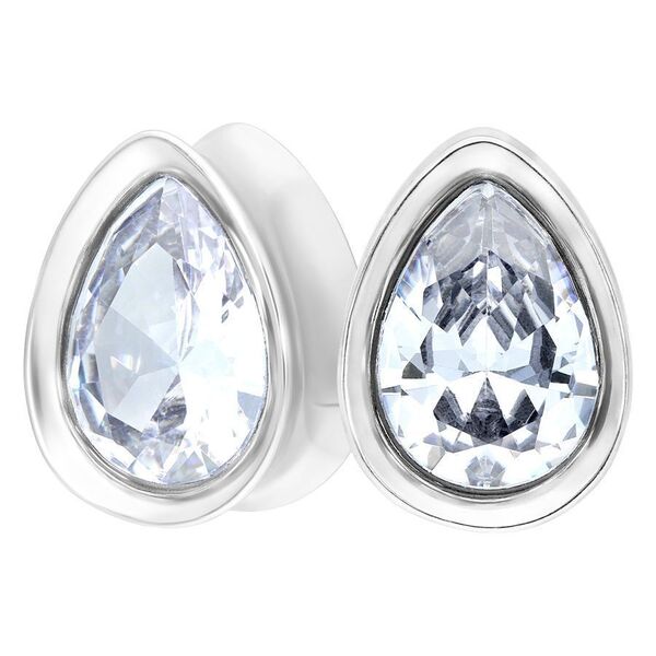 Zwei ovale Kristall Plugs in Silber auf weißem Hintergrund