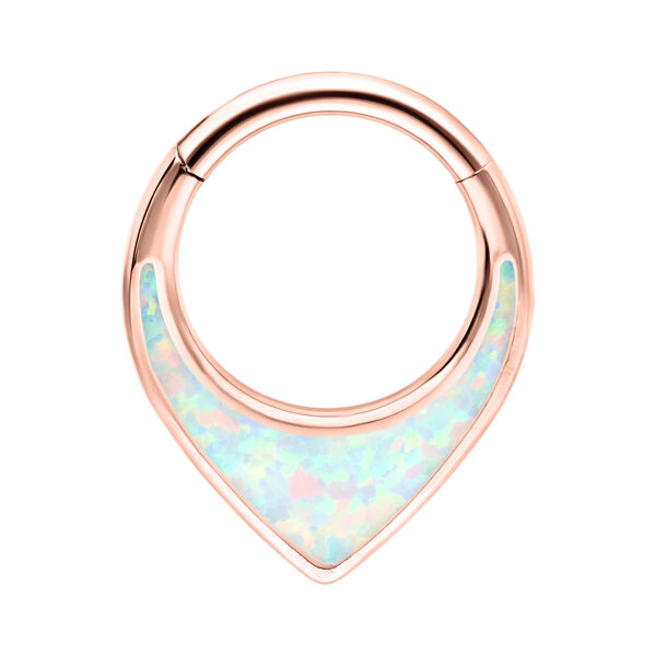 Clicker para septum de oro rosa con ópalo sintético sobre fondo blanco