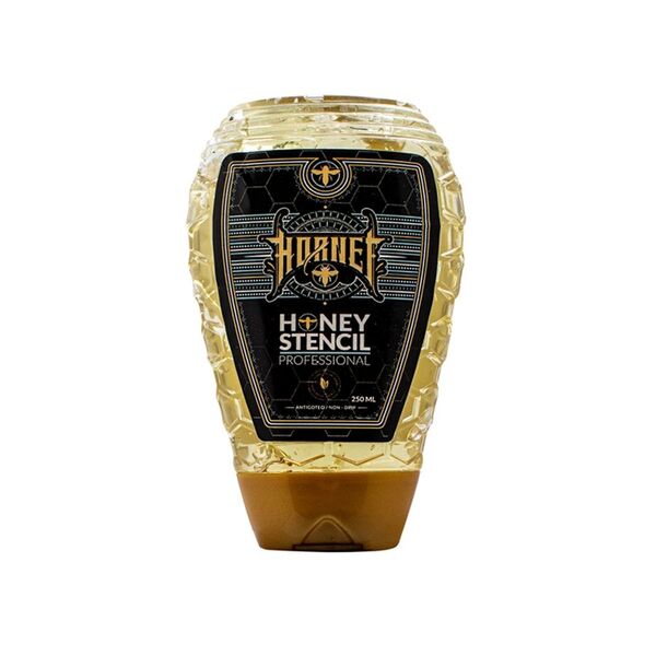 Läpinäkyvä Honey Stencil -pullo mustalla etiketillä, 250 ml