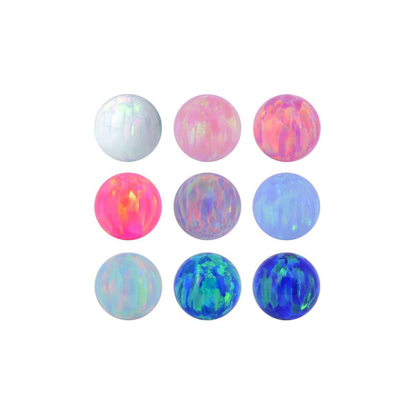 Nueve bolas de ópalo sintético en verde menta, rosa claro, chicle, azul claro y azul marino sobre fondo blanco