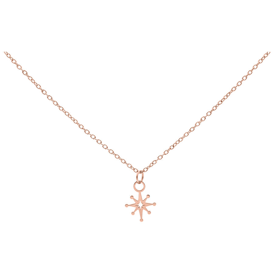 Delicata collana Polar Star in acciaio chirurgico in oro rosa su sfondo bianco