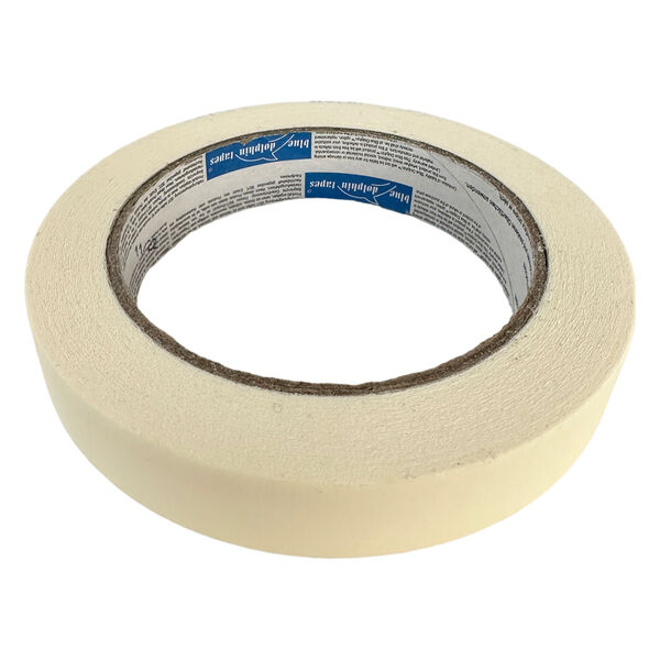 Nastro adesivo beige su sfondo bianco, rotolo con etichetta interna blu