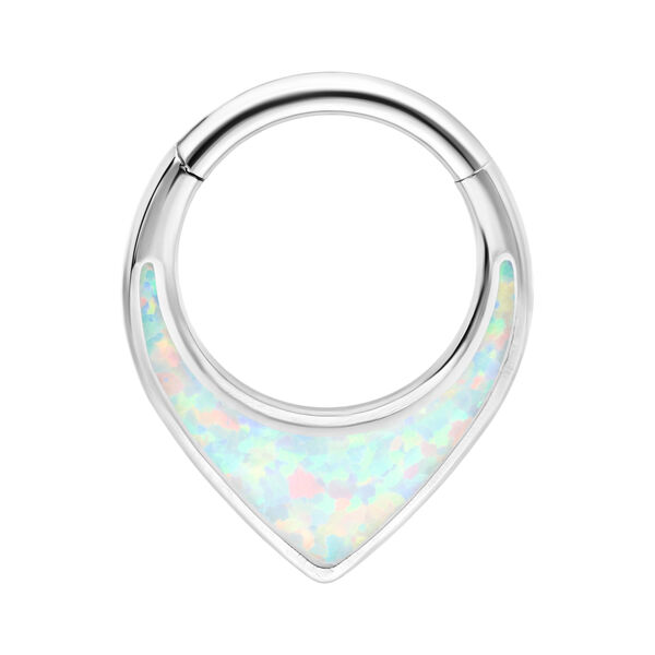 Septum Clicker plateado con ópalo sintético sobre fondo blanco