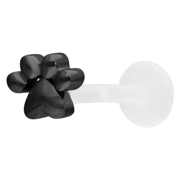 Labret negro con adorno de pata de PTFE y titanio sobre fondo blanco