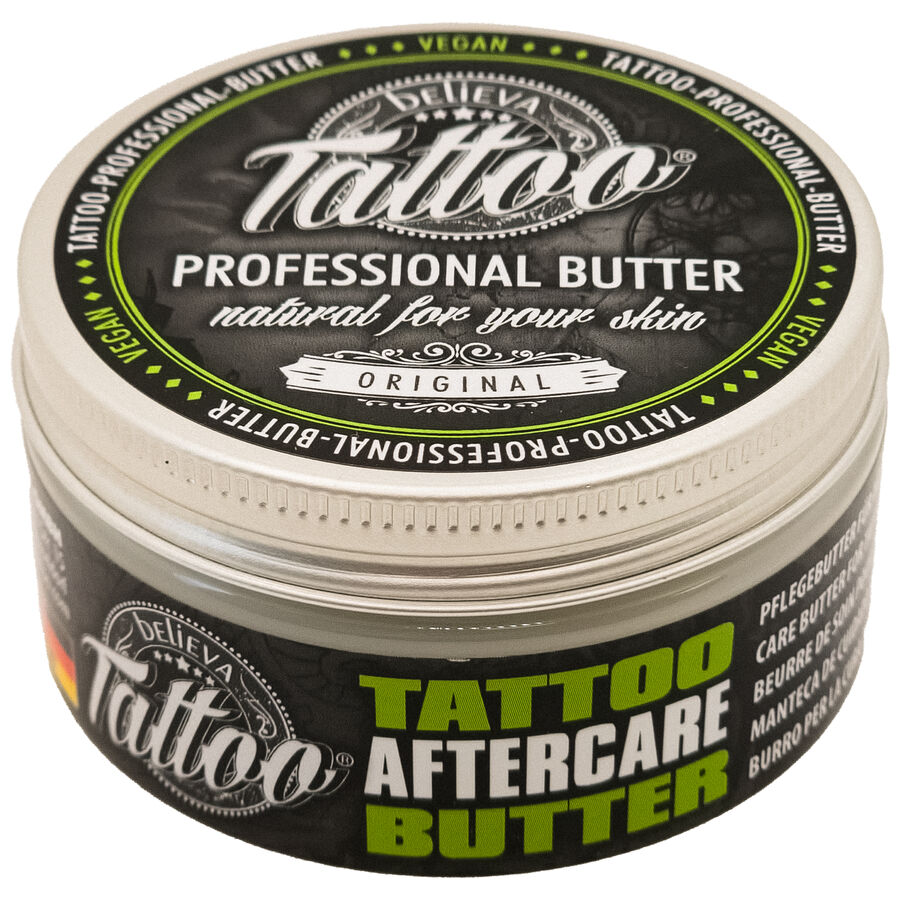 Lata redonda de Believa Tattoo Butter, diseño verde y negro, 35 ml