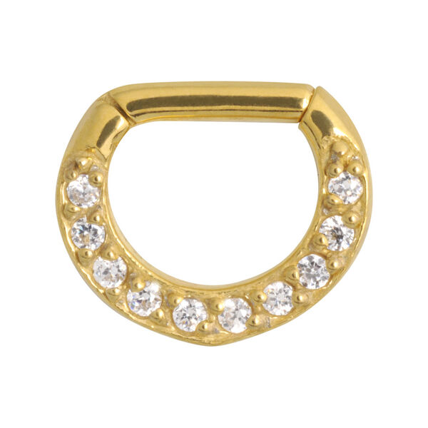 Goldener Septum Clicker mit klaren Kristallen auf weißem Hintergrund