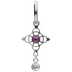 Orecchino d'argento con design delicato, ametista viola e piccolo ciondolo di diamante su sfondo bianco