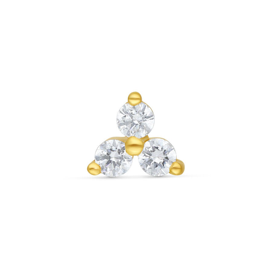 Trinity de oro con tres cristales claros sobre fondo blanco