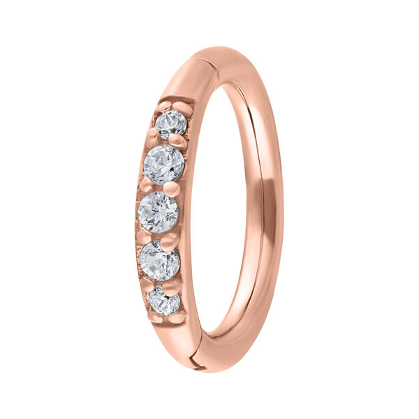 Anello a cerniera in rosé gold con cristalli chiari su sfondo bianco