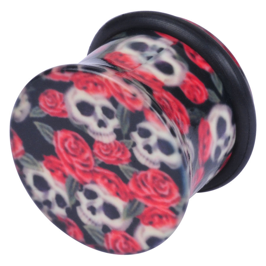 Plug in acrilico con motivo di teschio e rose, rosso-nero, su sfondo neutro