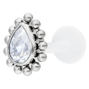 Silberner Crystal Teardrop Labret 1,2 mm Silberner Labret mit Kristall in Tropfenform auf weißem Hintergrund
