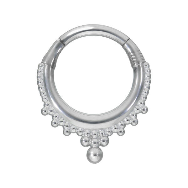 Crown Clicker Piercingring plateado con decoración de bolas sobre fondo blanco
