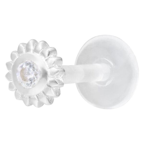 Silbernes Labret Piercing mit kristallklarem Stein auf weißem Hintergrund