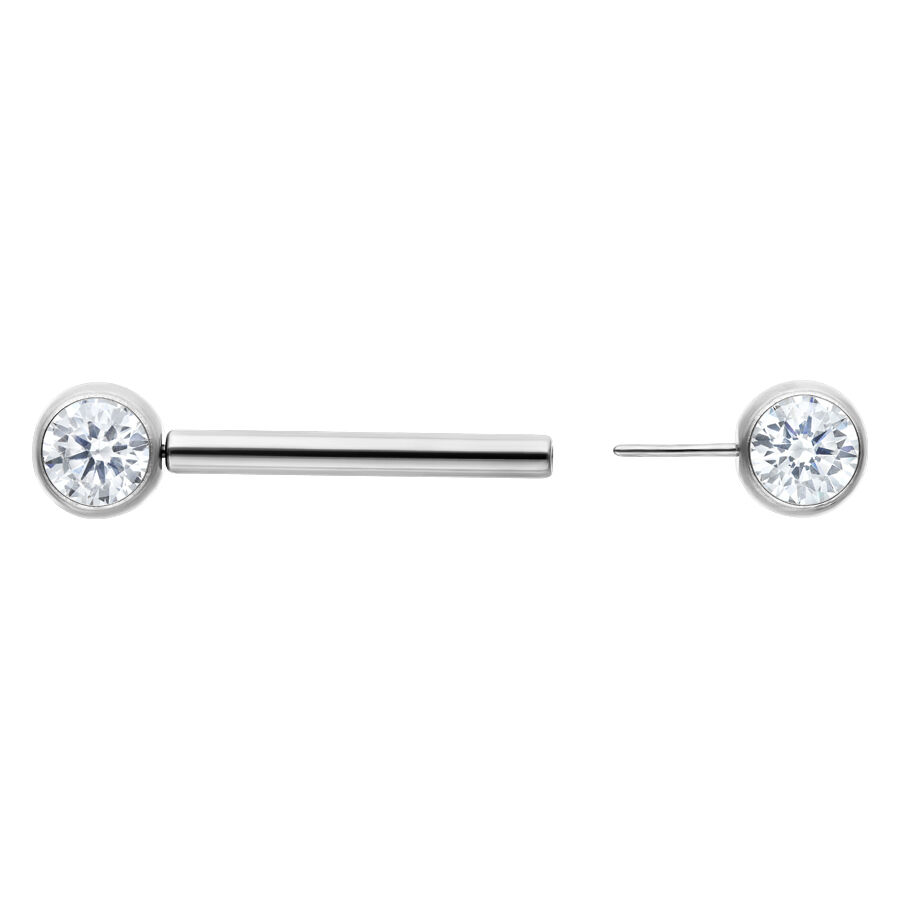 Silbernes Barbell mit klarem Kristall, Länge 14 mm, auf weißem Hintergrund