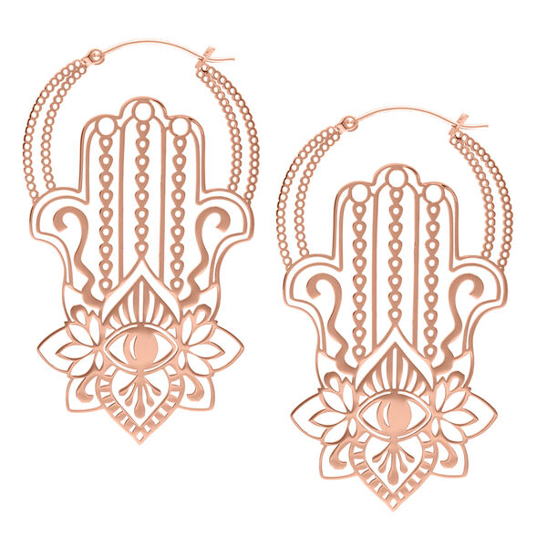 Dos pendientes Khamsa Hoops en oro rosa con detalles delicados sobre fondo blanco