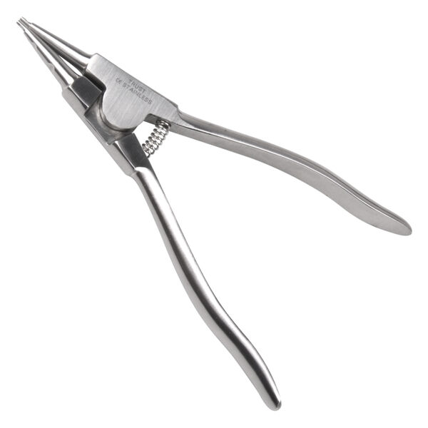 Grande pinza apri anelli micro in acciaio inox argento su sfondo bianco