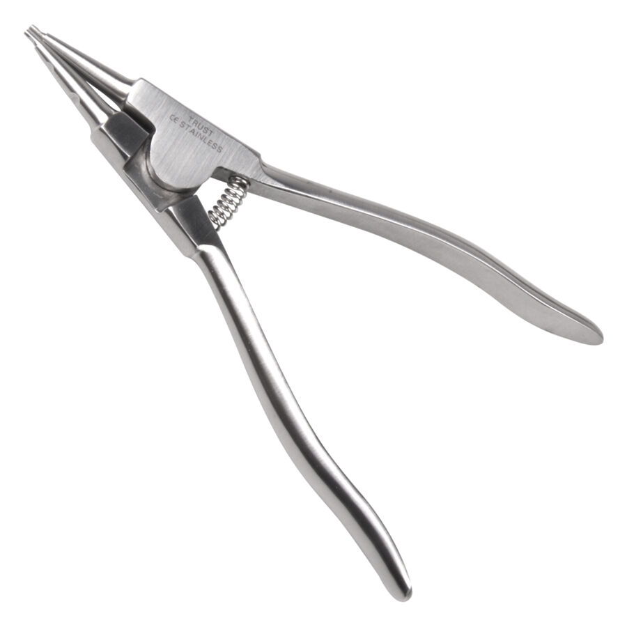 Grande pinza apri anelli micro in acciaio inox argento su sfondo bianco