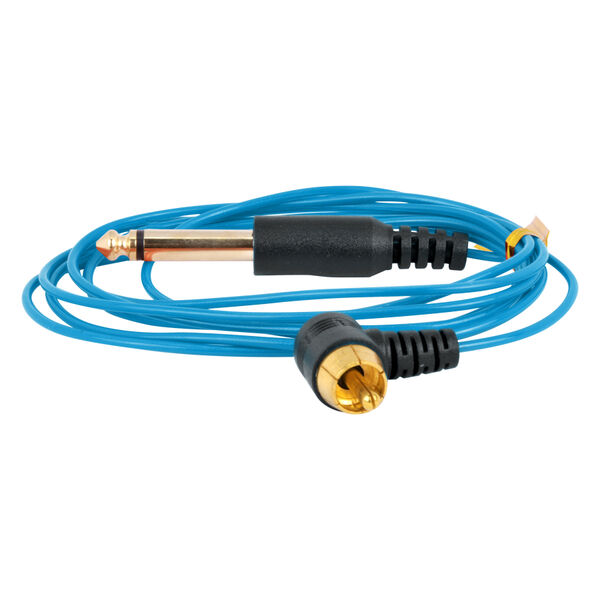 Clipcord RCA azul con cable de silicona sobre fondo blanco