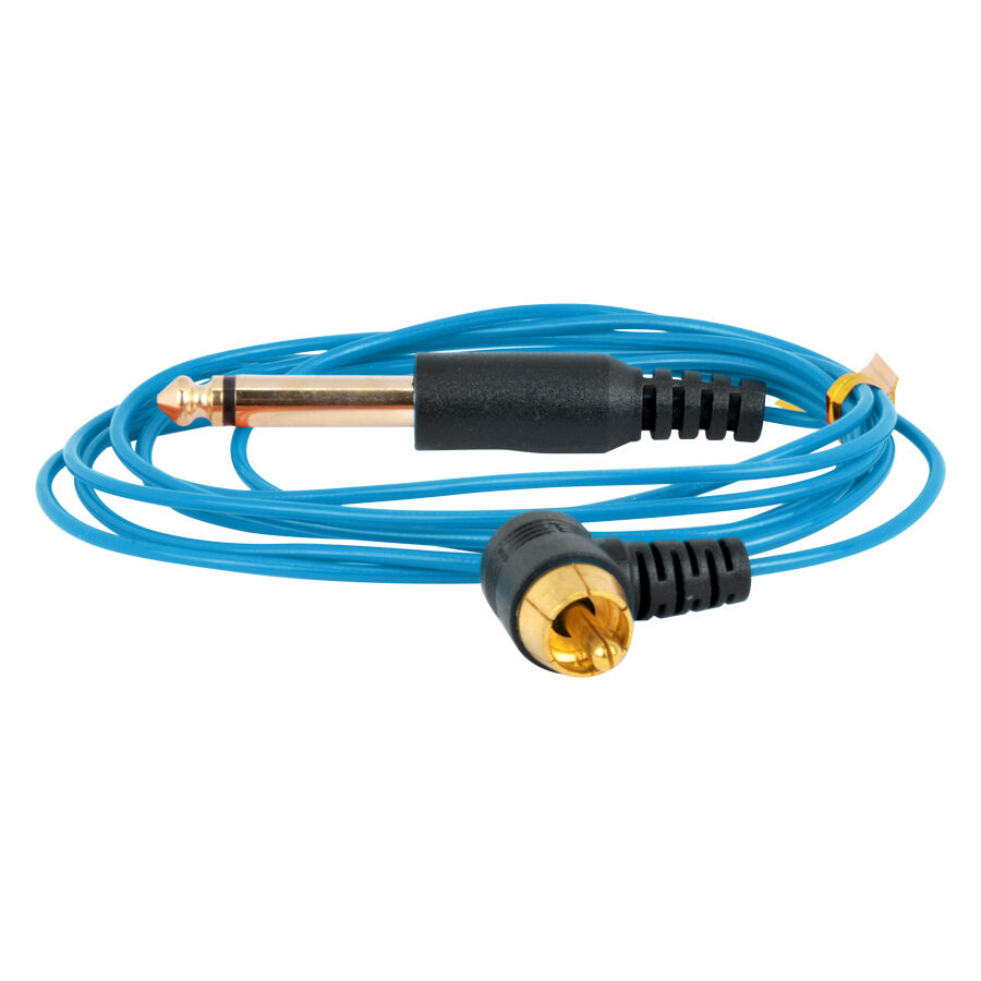 Clipcord RCA blu con cavo in silicone su sfondo bianco