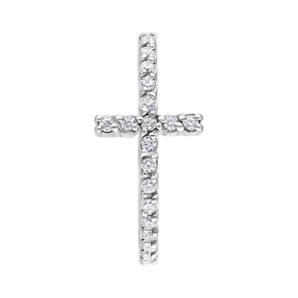 Anello piercing a croce in argento con cristalli chiari su sfondo bianco