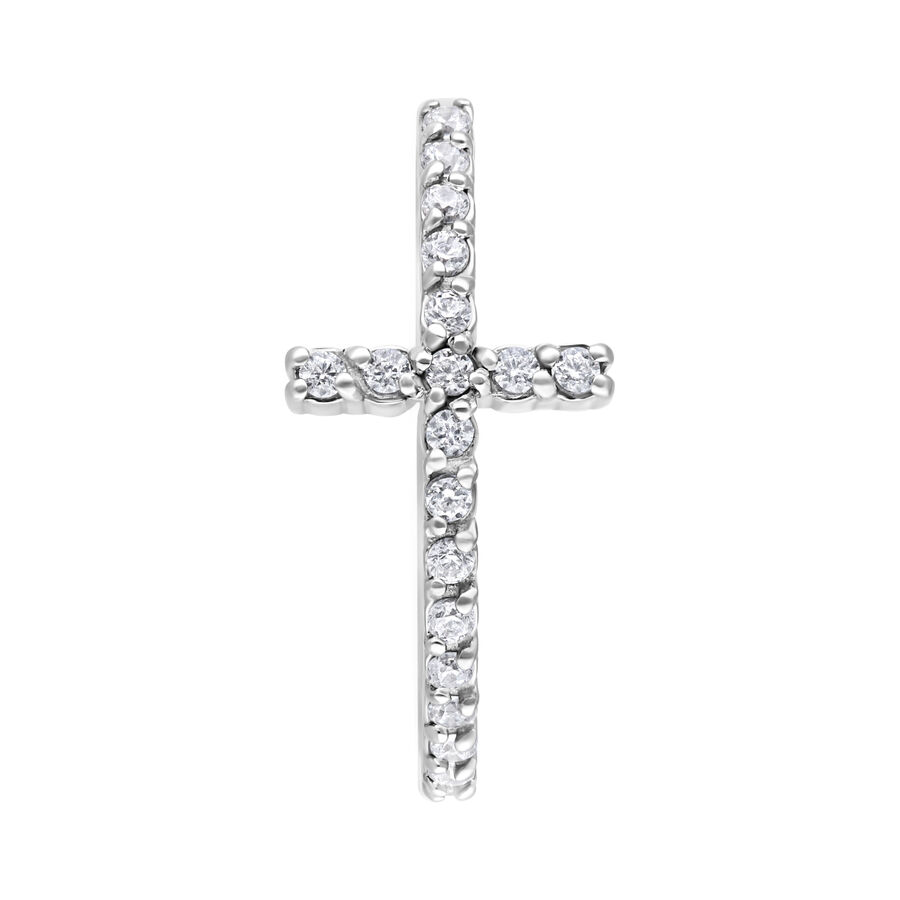 Anello piercing a croce in argento con cristalli chiari su sfondo bianco