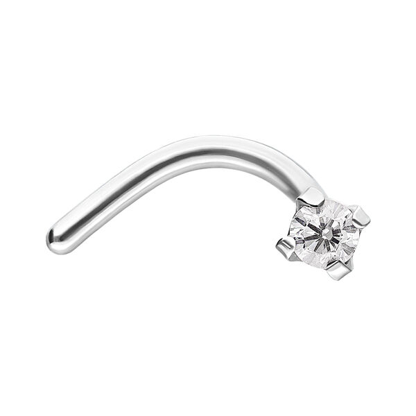 Piercing de nariz plateado de acero quirúrgico con cristal transparente sobre fondo blanco