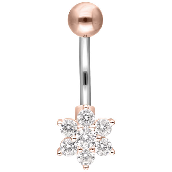 Piercing Bananabell de oro rosa con cristales claros sobre fondo blanco