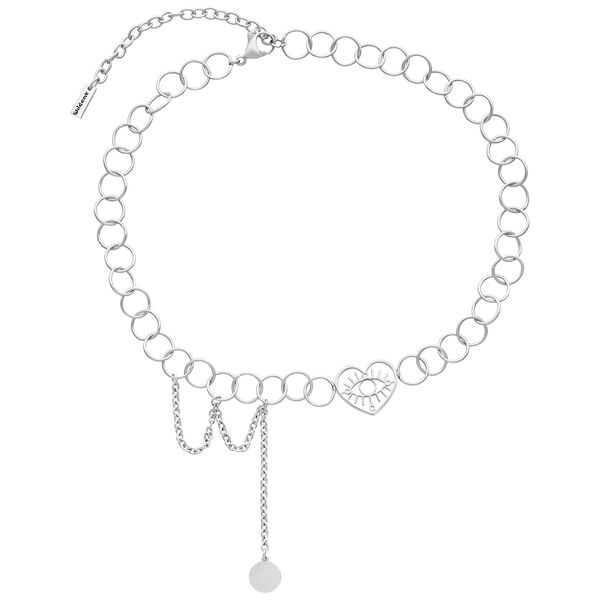 Choker plateado con colgante de corazón con ojo sobre fondo blanco