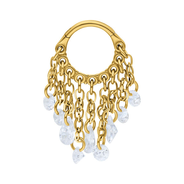 Goldener Piercing Clicker mit kristallklaren Anhängern auf weißem Hintergrund