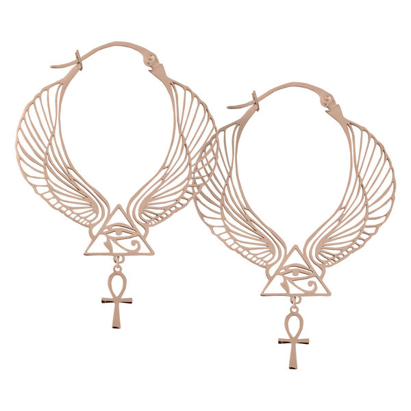 Aros Cleopatra de oro rosa con diseño de alas y Ankh sobre fondo blanco