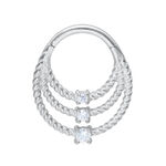 Anello piercing in argento con tre bande intrecciate e cristalli su sfondo bianco