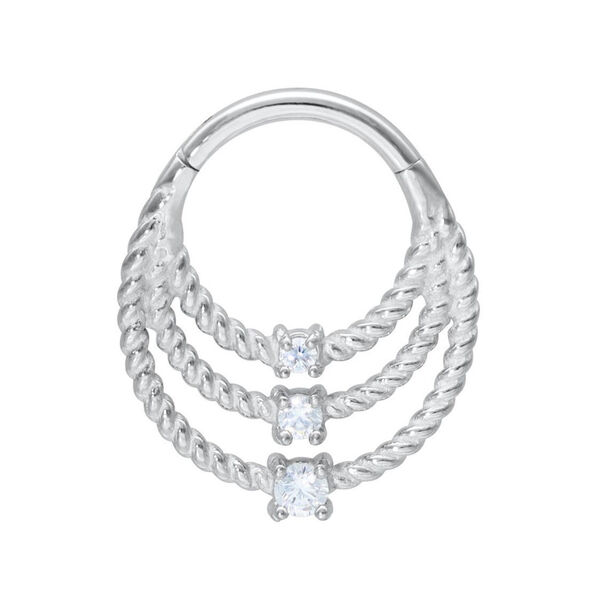 Anello piercing in argento con tre bande intrecciate e cristalli su sfondo bianco