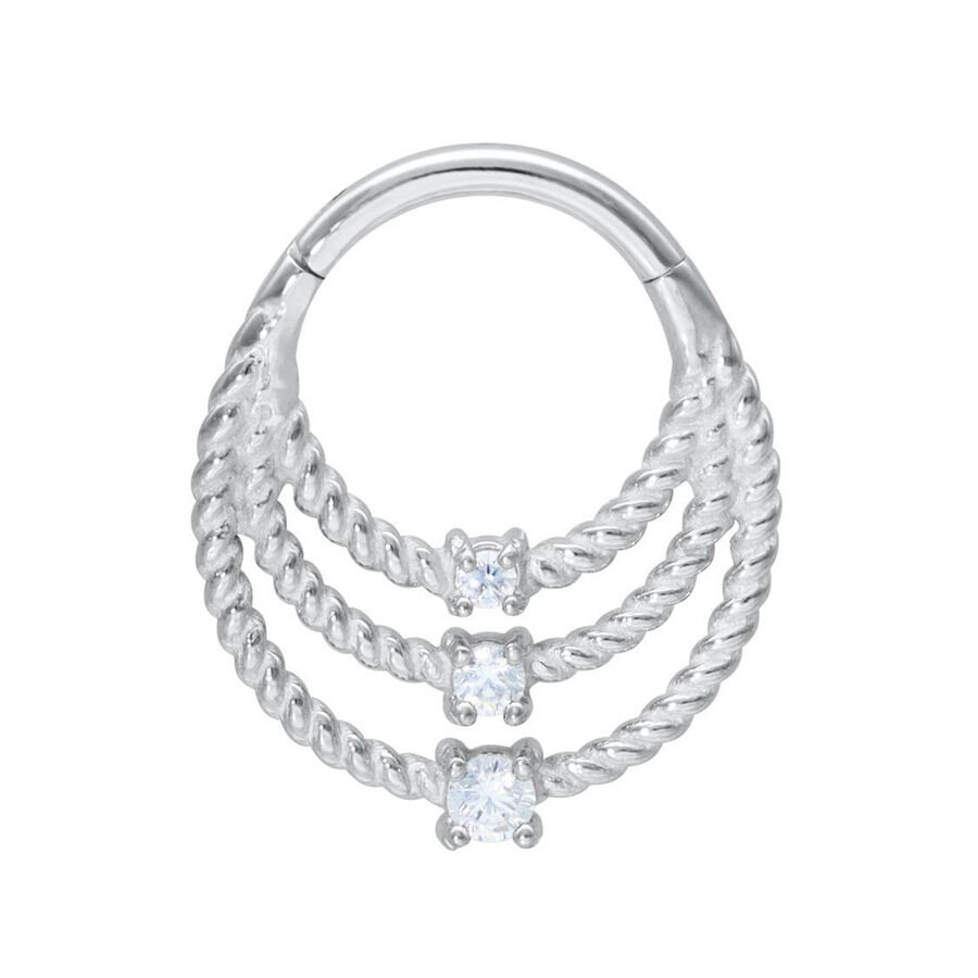 Anello piercing in argento con tre bande intrecciate e cristalli su sfondo bianco