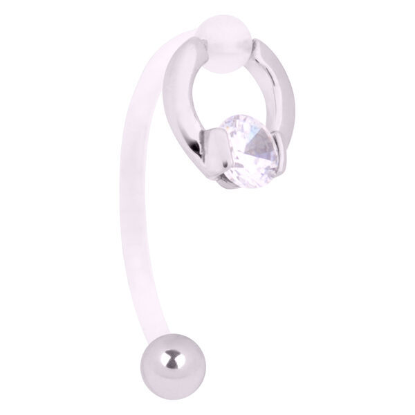 Banana barbell intimo argento in PTFE e acciaio chirurgico con cristallo chiaro su sfondo bianco