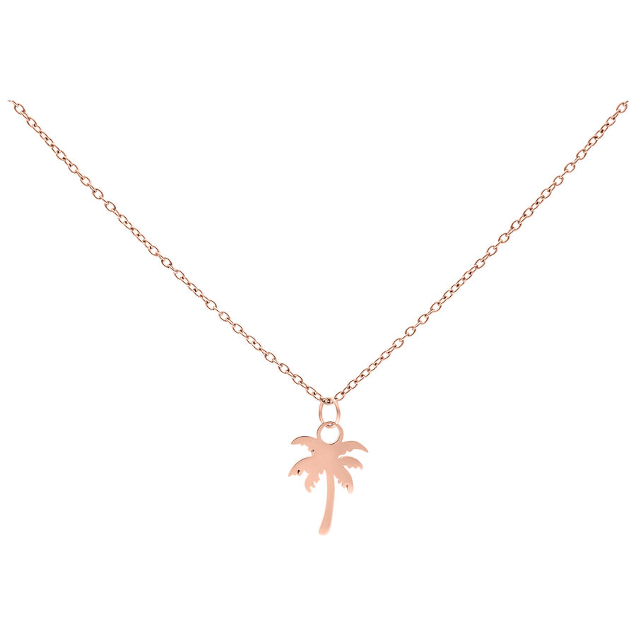 Collana in oro rosa con ciondolo a palma su sfondo bianco