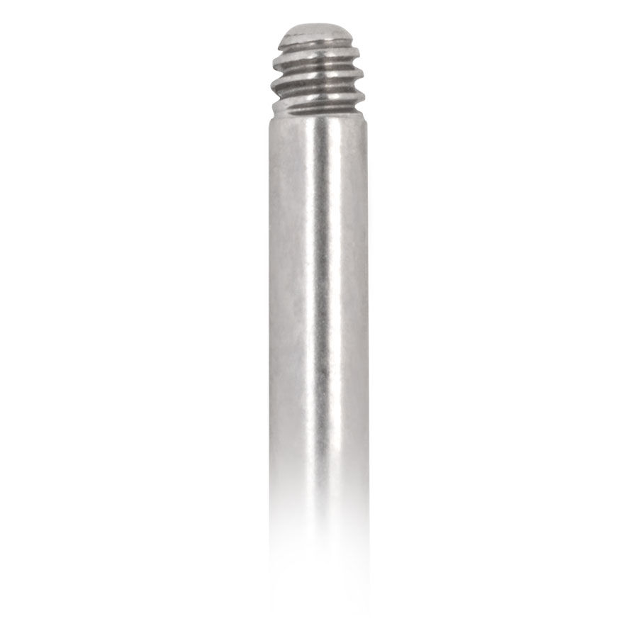 Labret in titanio argento con filettatura esterna su sfondo bianco