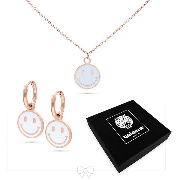 Conjunto de joyas de oro rosa con colgante de carita sonriente y pendientes, caja negra