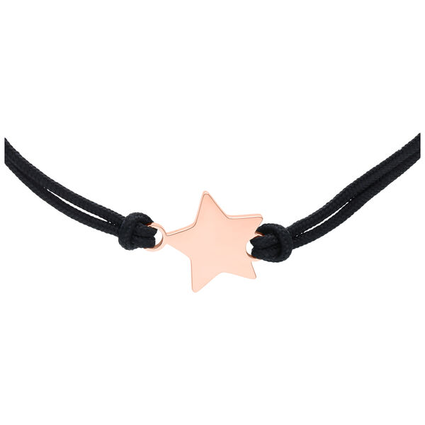 Pulsera de nailon negro con colgante de estrella en oro rosa sobre fondo blanco