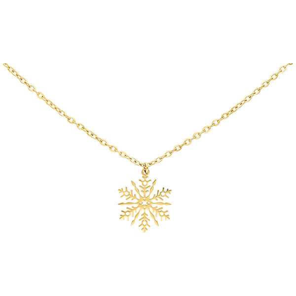 Collar dorado con colgante de copo de nieve sobre fondo blanco