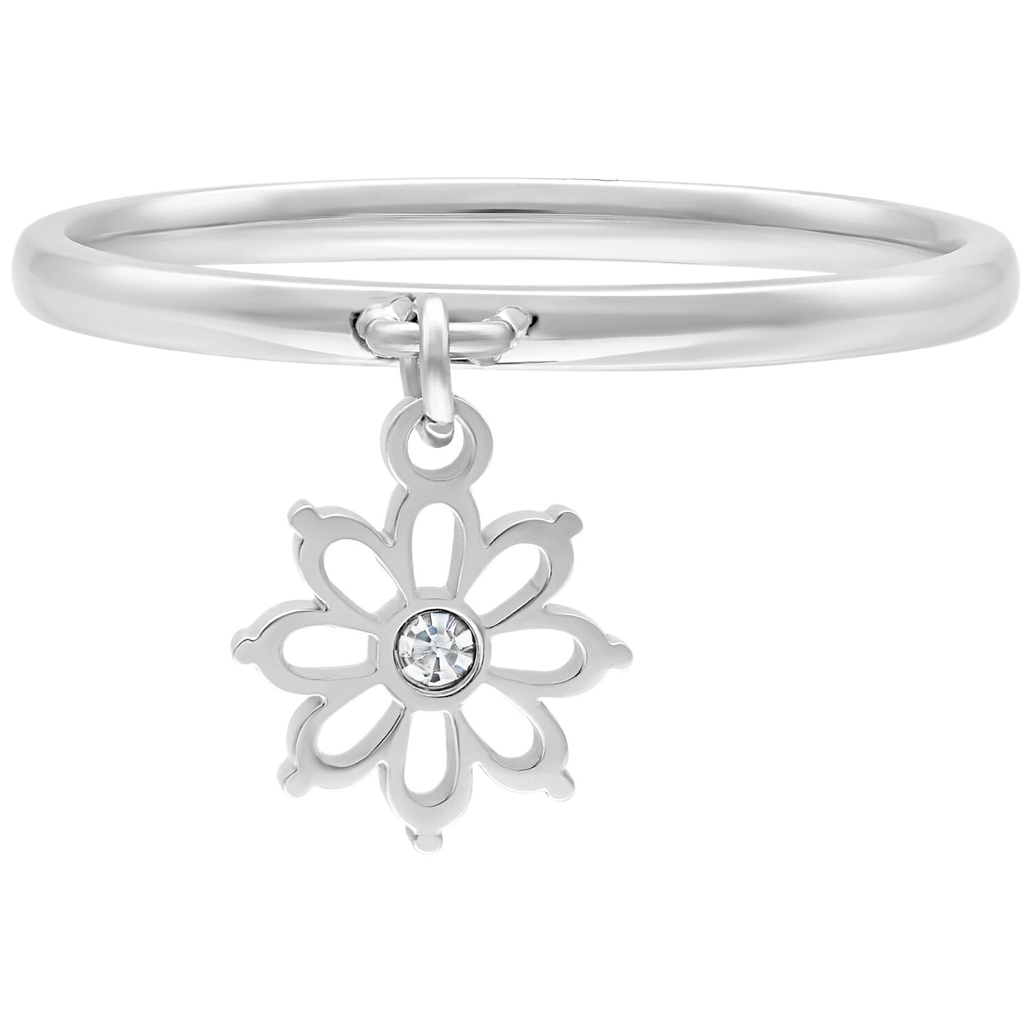 Silberner Dangling Flower Ring aus Chirurgenstahl Silberner Fingerring aus Chirurgenstahl mit hängendem Blumenanhänger auf weißem Hintergrund