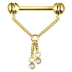 Barbell per capezzoli in oro con due catene e cristalli chiari, lunghezza 12,0 mm