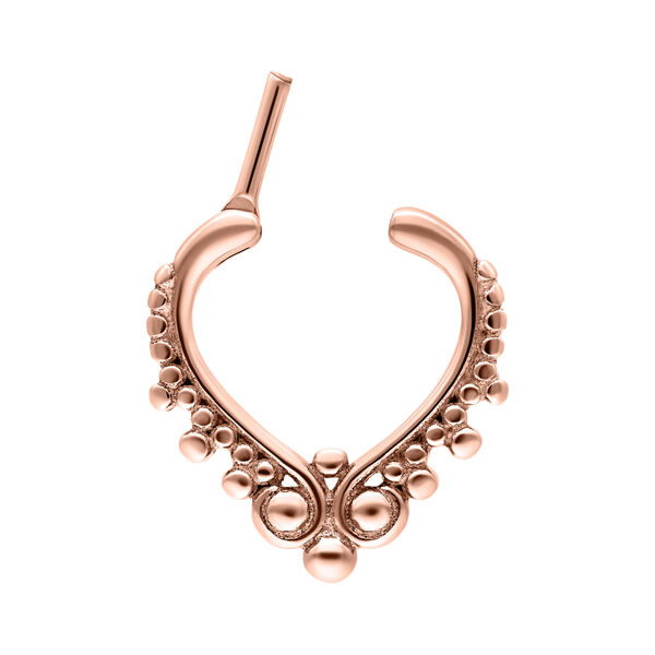 Roségoldener Septum Clicker mit Kugeln auf weißem Hintergrund