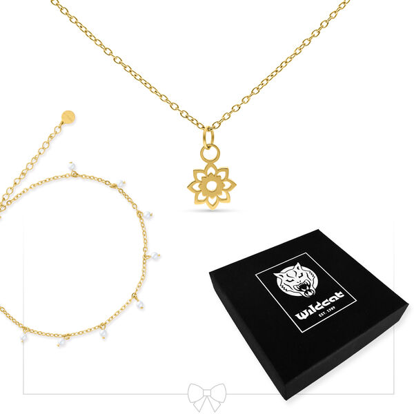 Collar dorado con colgante de flores y pulsera de perlas, embalaje negro de Wildcat